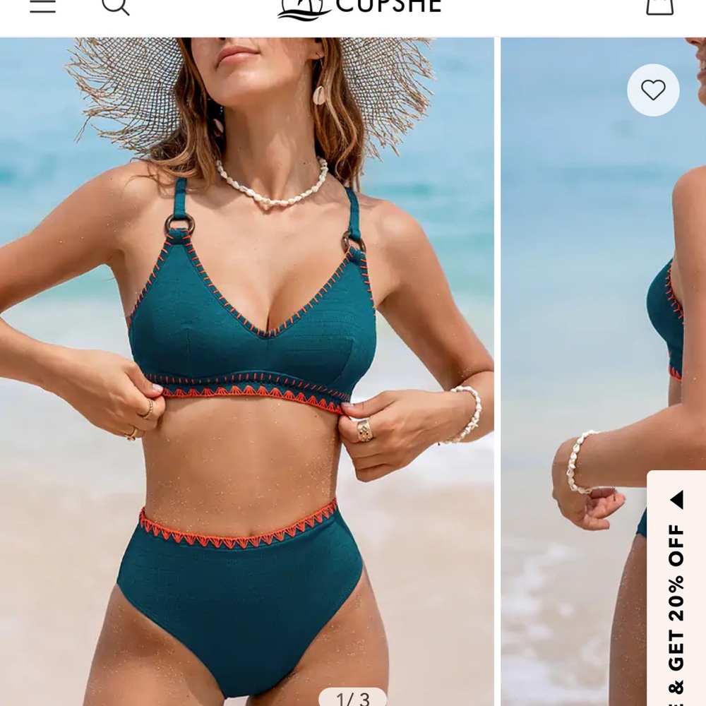 NWT Cupshe Teal/Orange Women's Bikini Set - Top(XS) and High waisted Bottoms(S)